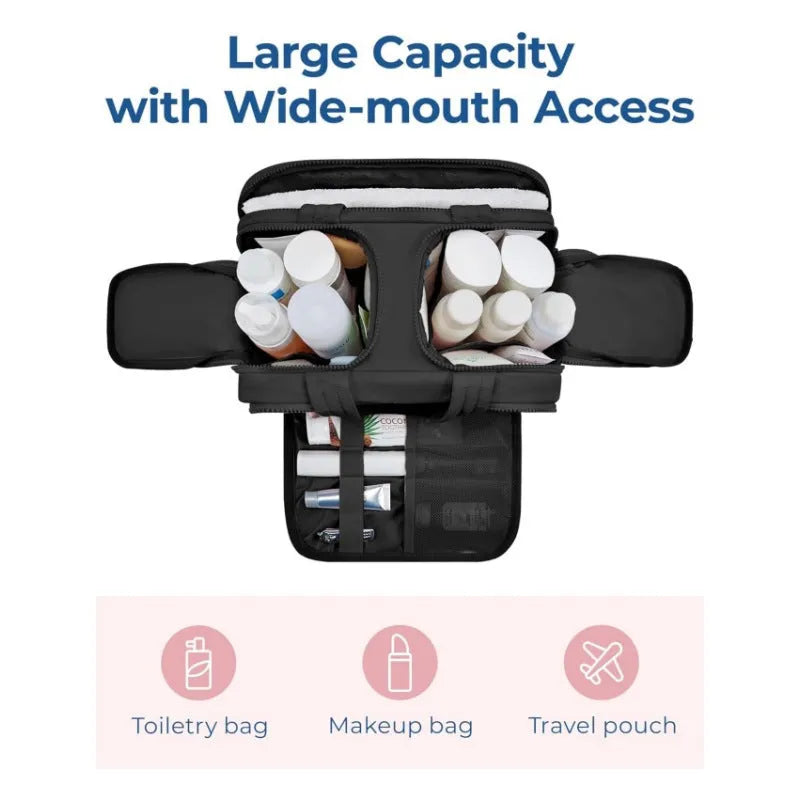 Large fluffy travel toiletry bag open wide showing soft interior, available in beige, black, light blue, pink, purple, and creamy-white.