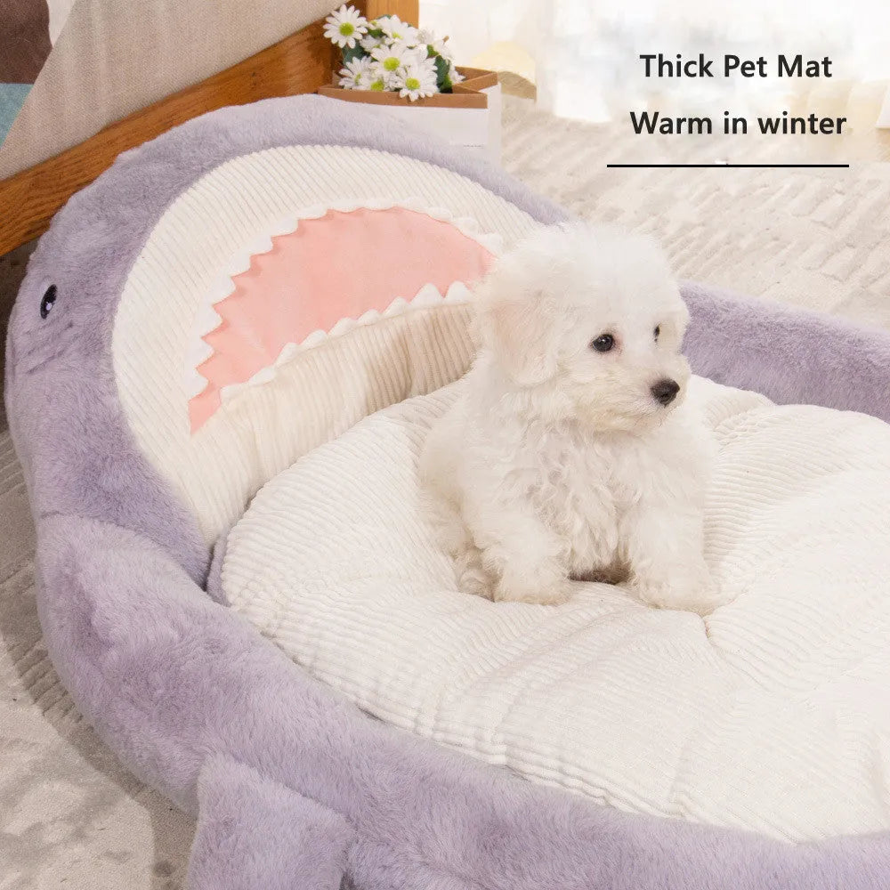 Blue shark pattern velvet pet bed cushion for small dog on floor
