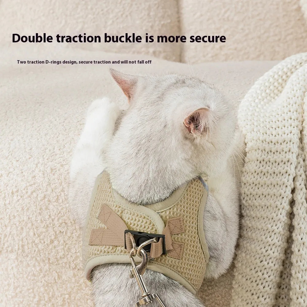 Brown waffle cloth cat harness with chest strap design for secure pet control