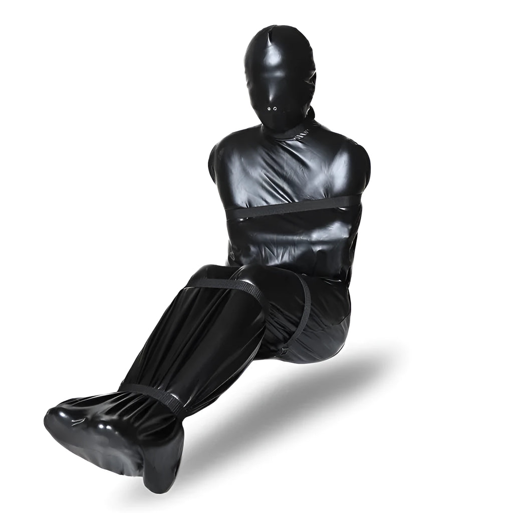 Black patent leather bondage set with full coverage garment and six ratchet tie-down straps
