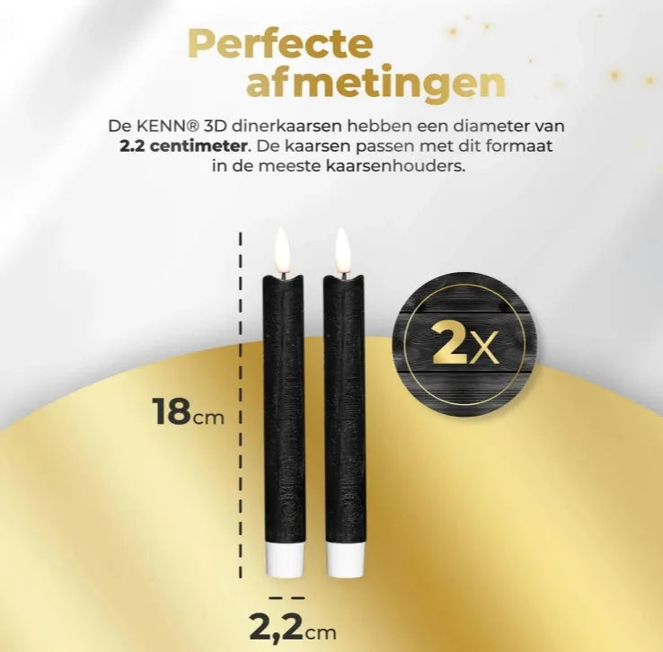 Black LED taper candle with realistic 3D flame effect, measuring 18cm tall