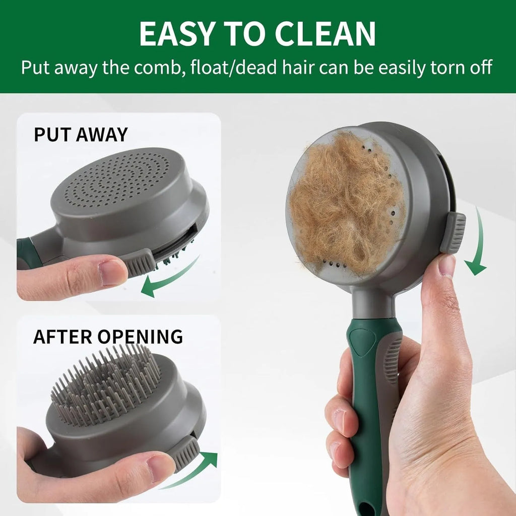 Green and pink two-sided pet grooming brush with a slicker head and a silicone massager head on a textured handle.