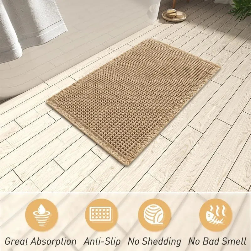 Checkered pattern non-slip absorbent bathroom floor carpet in polyester, shown in multiple colour options.