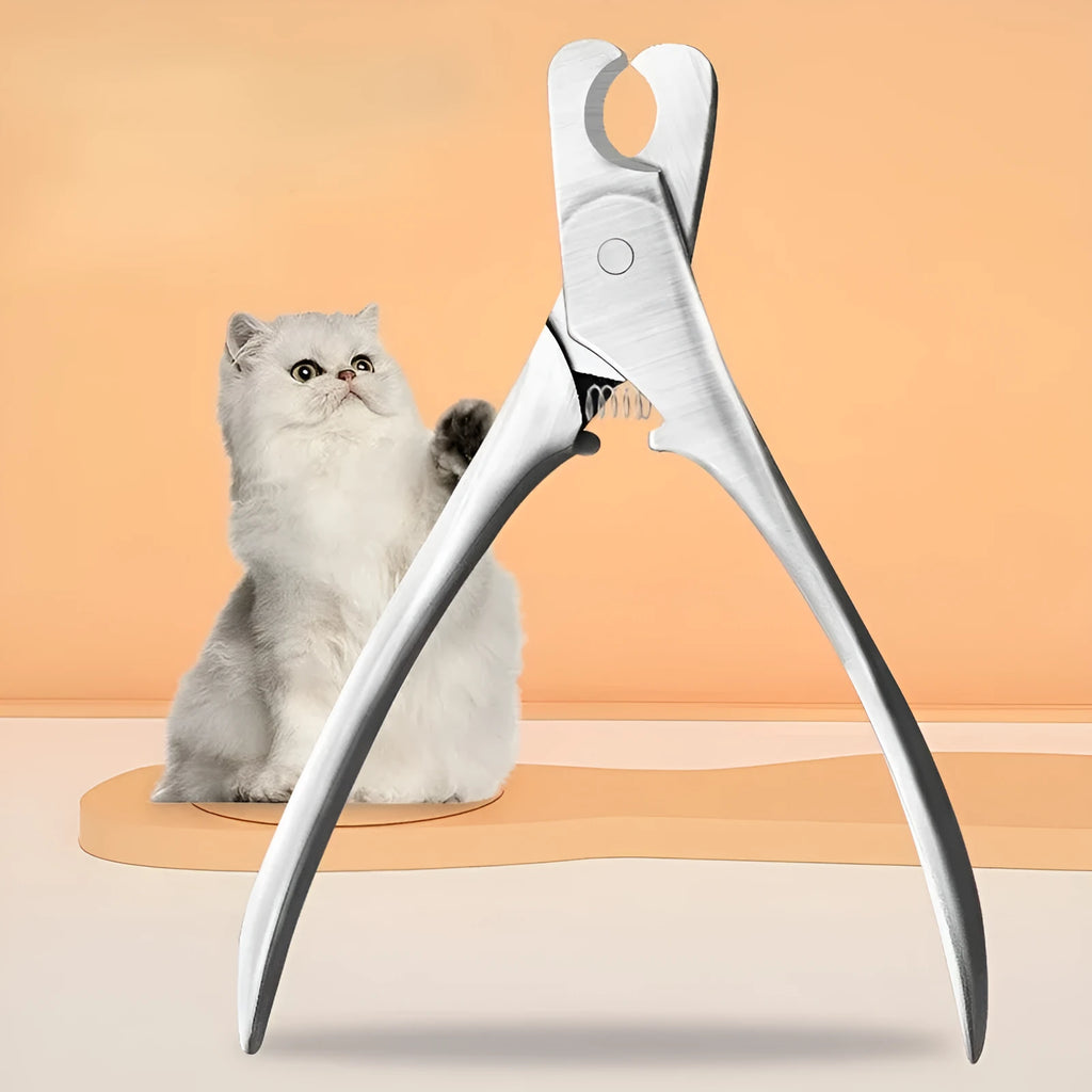 Silver professional stainless steel pet nail clipper with a safety guard for dogs and cats.