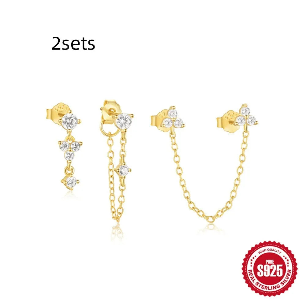 S925 sterling silver geometric zircon tassel earring set with three gold-tone stud pieces