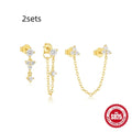 S925 sterling silver geometric zircon tassel earring set with three gold-tone stud pieces