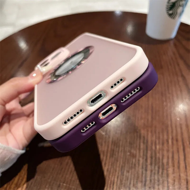 Magnetic frosted iPhone 15 case in multiple colours showing shockproof construction and magnetic attachment points