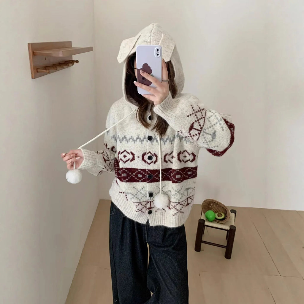Plus size women's loose fit brocade sweater coat with geometric pattern in milky white