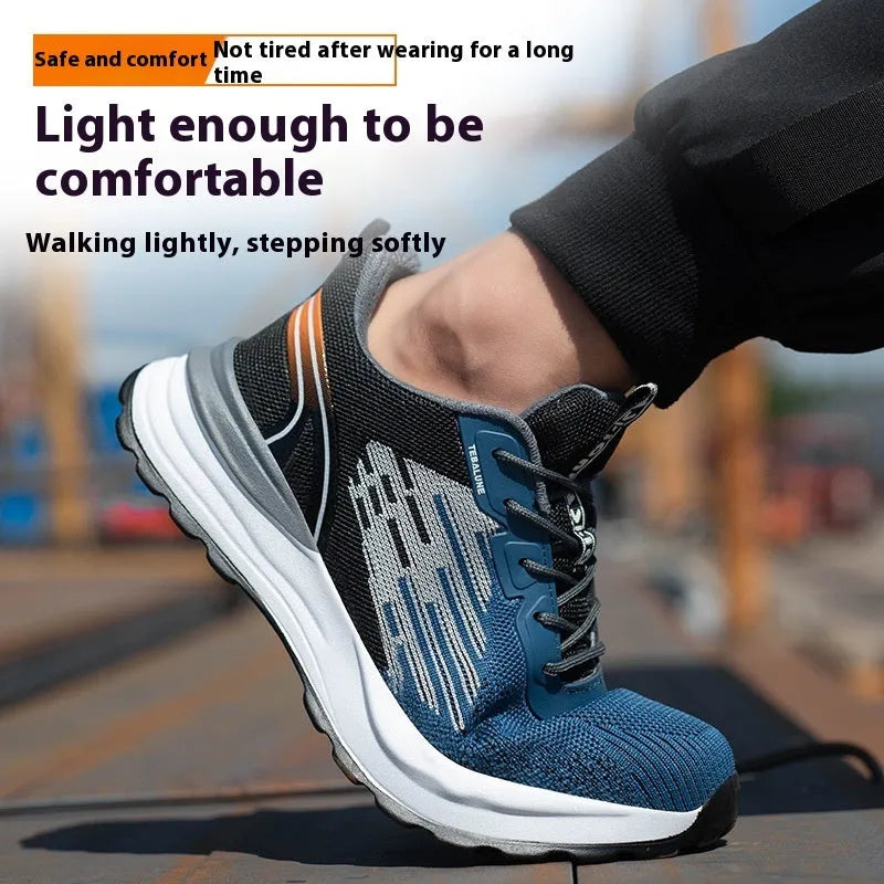 Blue men's lightweight safety work shoes with mesh upper and plastic toe cap