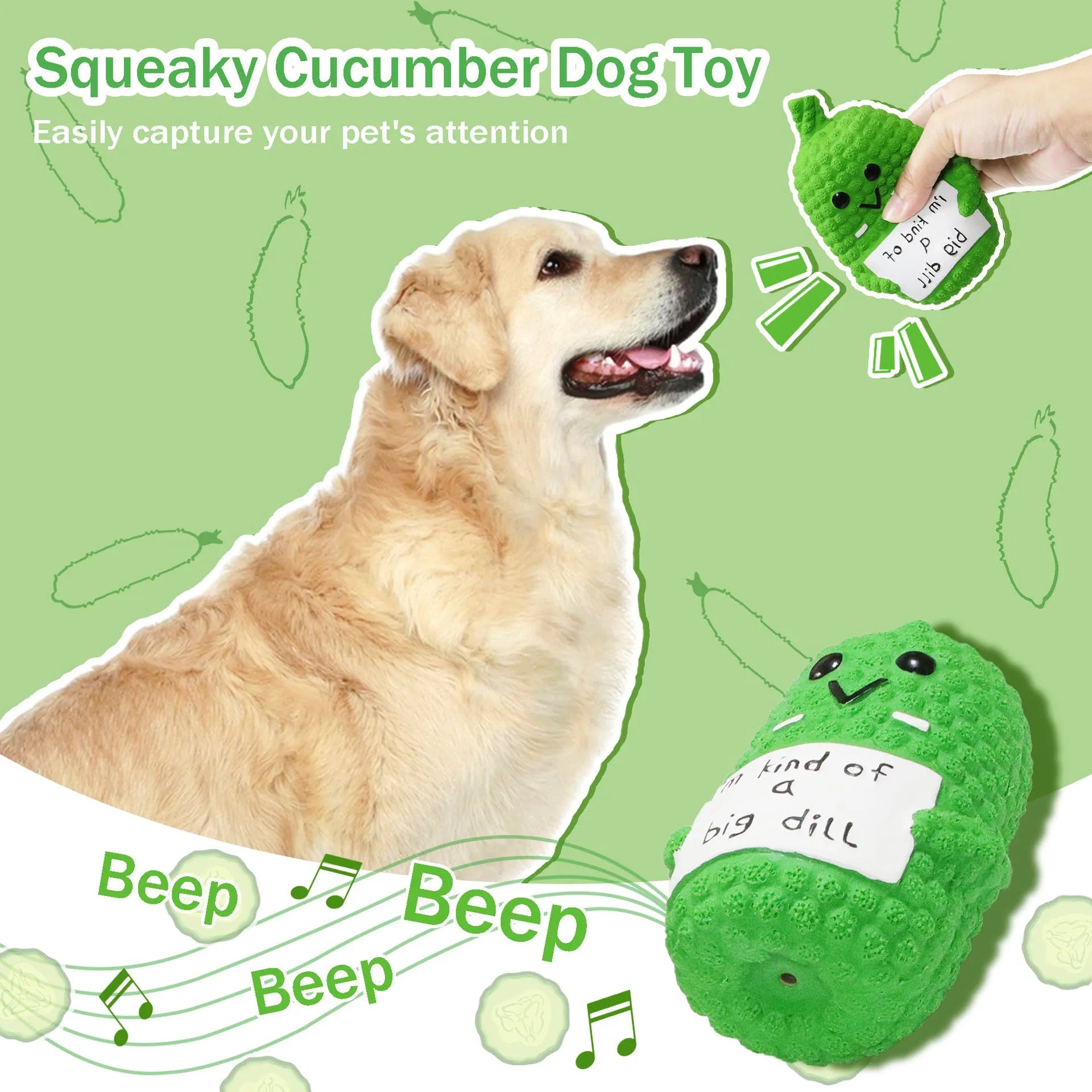 Green pickle-shaped squeaky dog toy with textured nubs for teeth cleaning