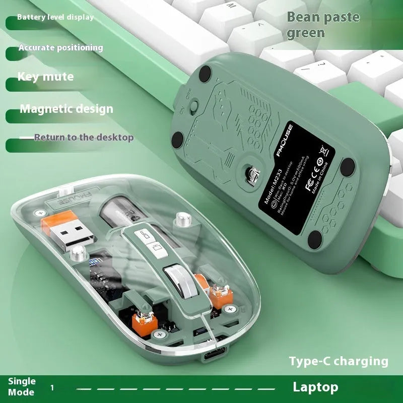 Transparent wireless computer mouse showing internal components with USB connector