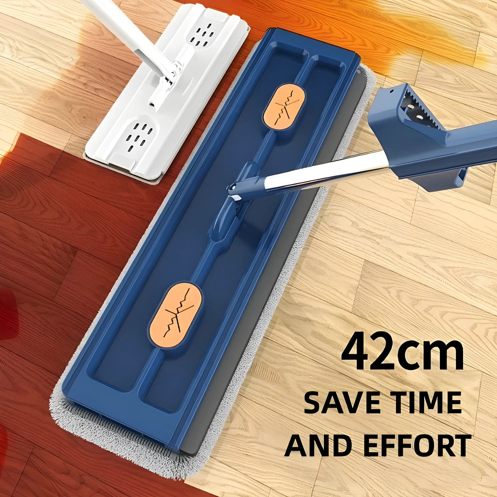 Large flat mop with stainless steel handle and blue cleaning cloths showing 360° rotating head mechanism