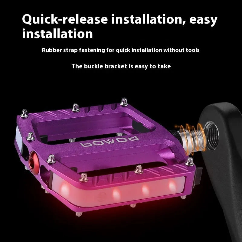 Aluminium alloy bicycle pedals with integrated LED illumination in black purple red gold titanium colour options