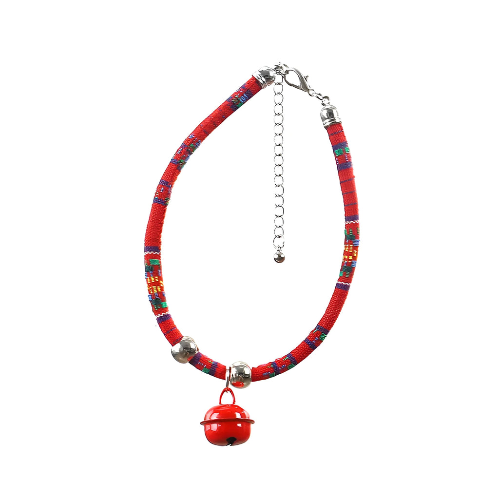Coloured ethnic pattern adjustable pet collar with a bell for a dog or cat.