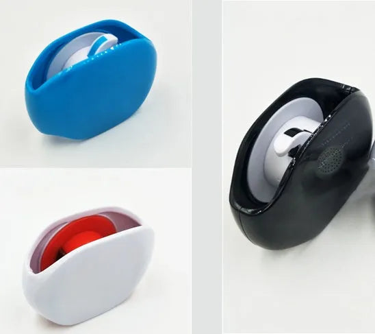 Automatic earphone cable winder retractor in assorted colours on a white background.