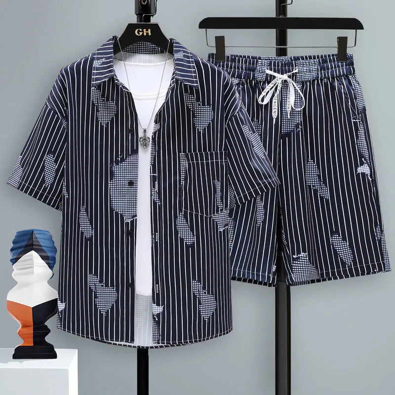 Men's casual two-piece set with short sleeve top and matching shorts in polyester fabric