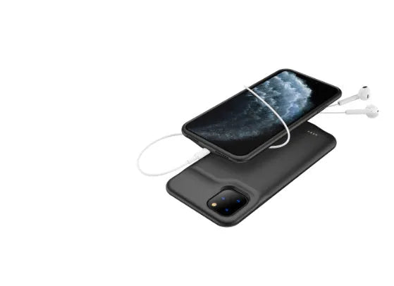Shockproof silicone battery charging case for iPhone in black, blue, pink, or white colours.