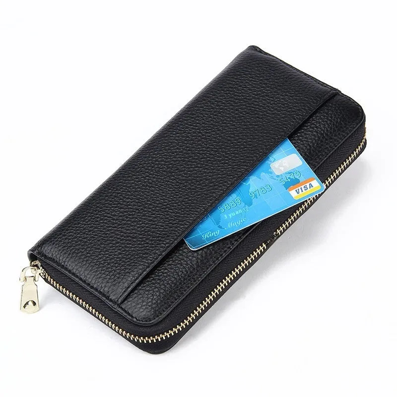 Long genuine leather women's wallet in six colours with large capacity and anti-theft card slot