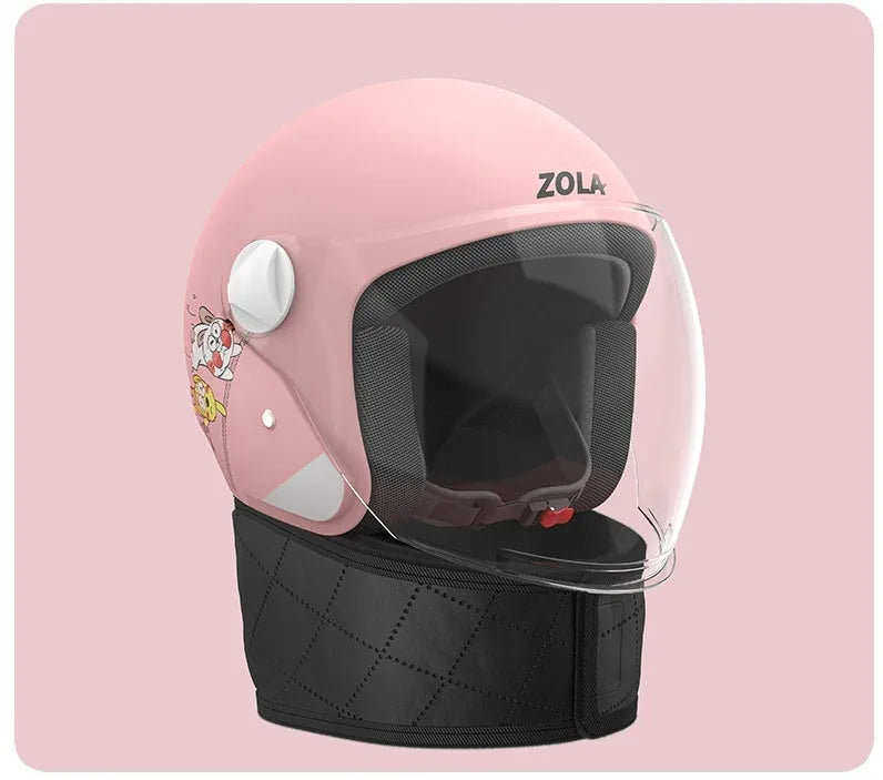 Blue winter electric bicycle helmet with attached ear scarf and a clear anti-fog visor.