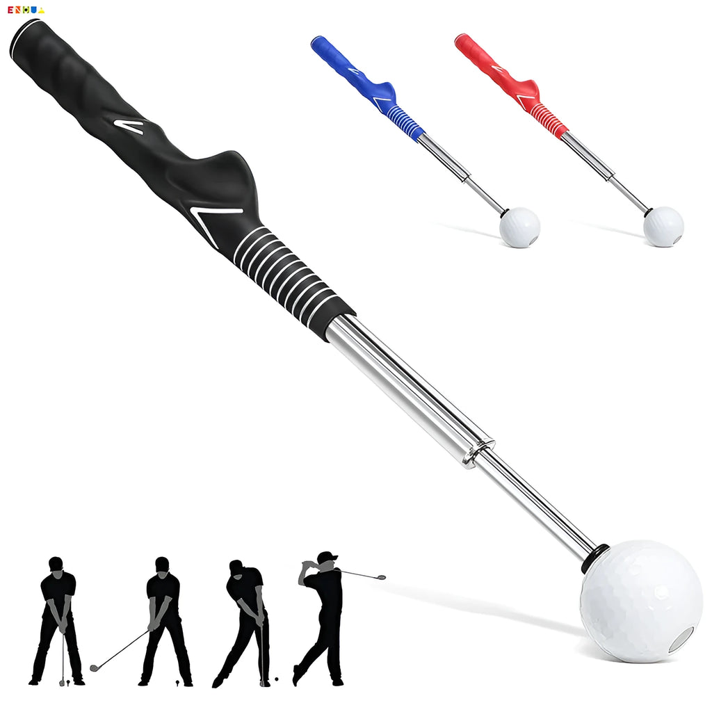 Telescopic golf swing simulator trainer in stainless steel showing black, blue, and red colour options