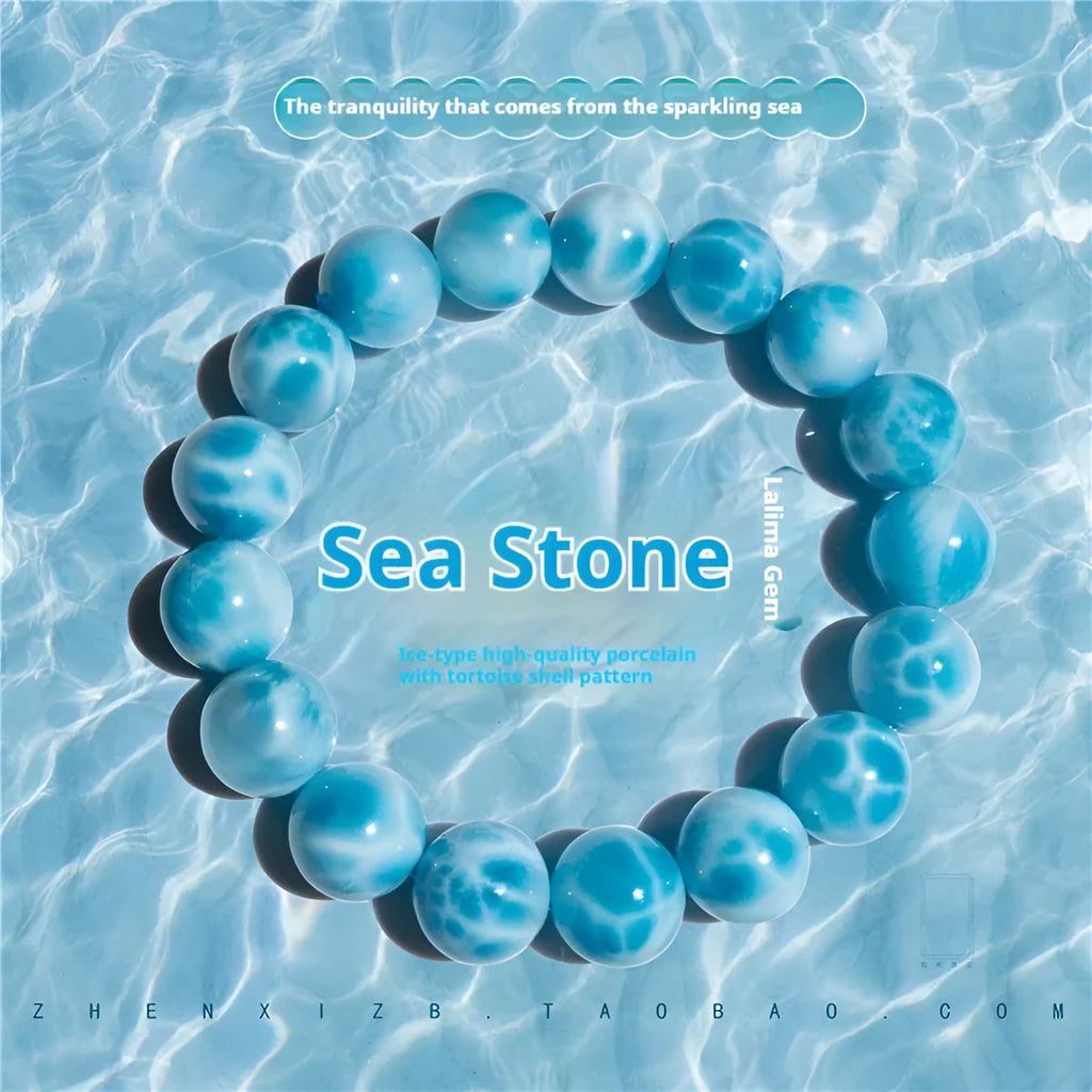 Handmade blue sea-pattern natural crystal Bodhi bracelet with pearl accents on wrist
