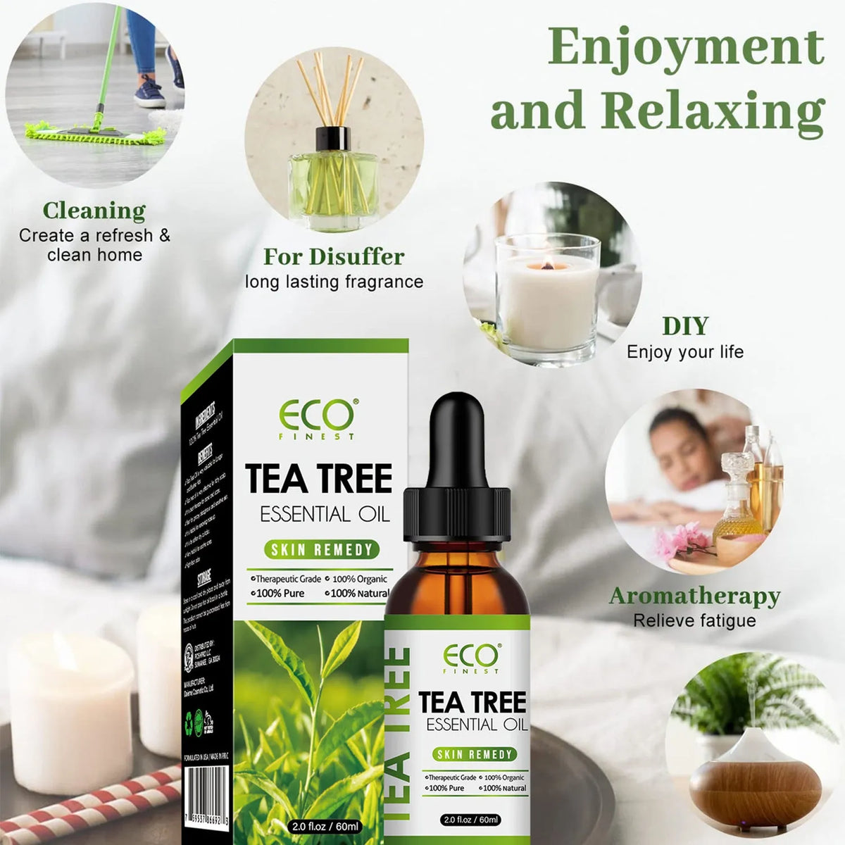 60ml bottle of pure tea tree essential oil for facial skin treatment and massage