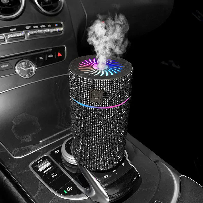 Car mounted air purifier and humidifier unit with diamond finish and LED lighting in seven colour options