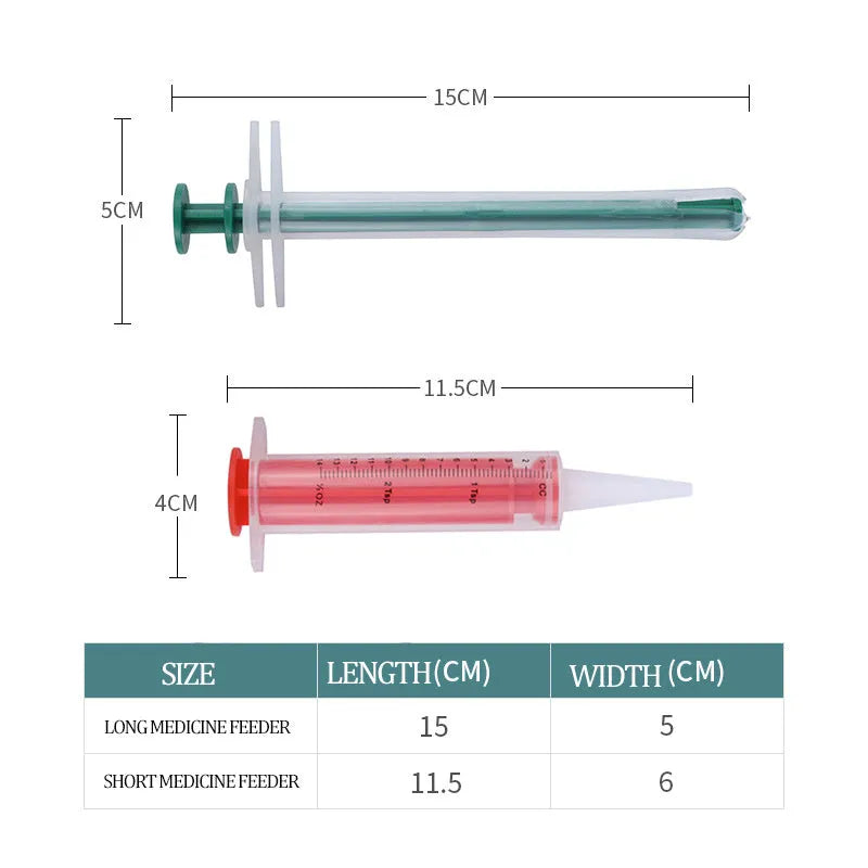 Two white pet pill shooter dispensers with soft silicone tips and push rods for administering tablets to cats and dogs.