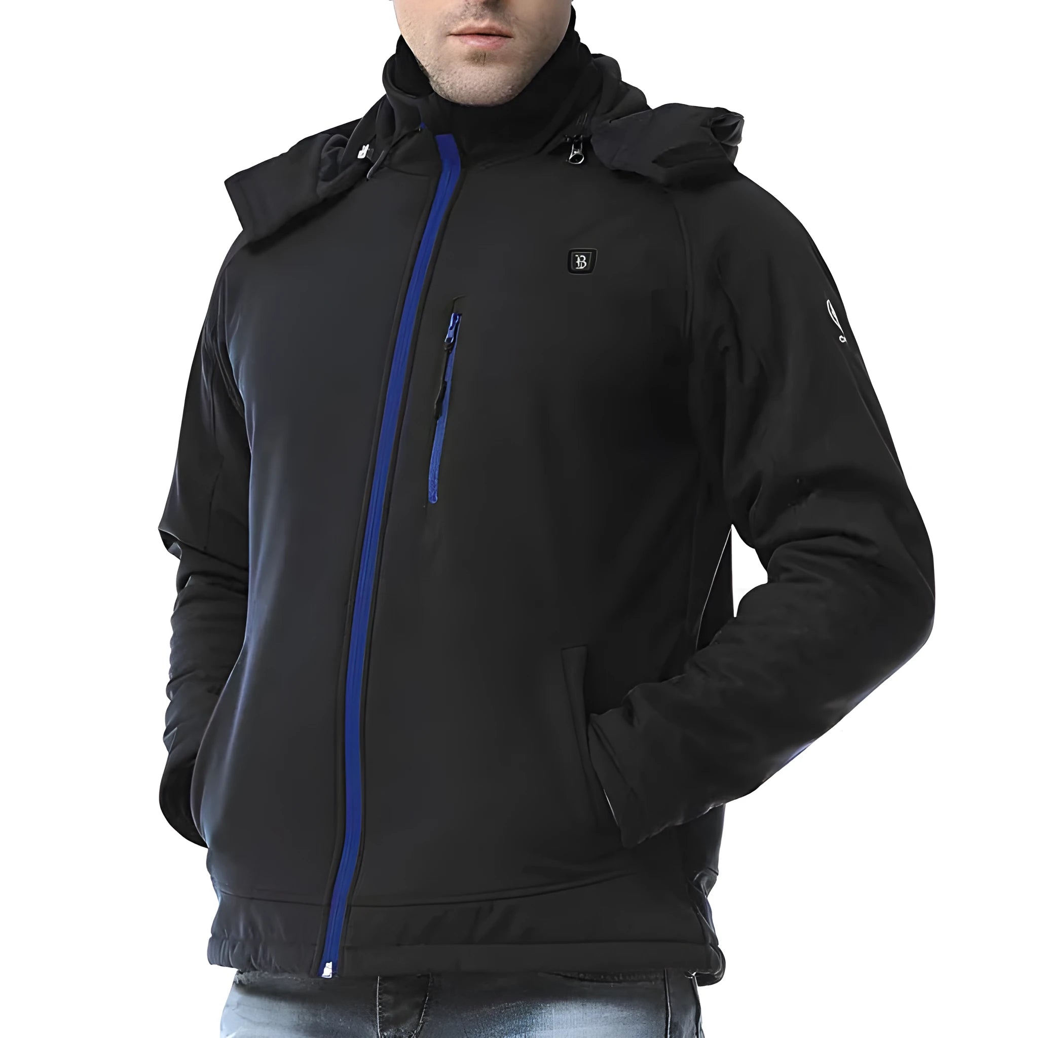 Black men's USB heated waterproof winter coat with zip pockets and straight hem design