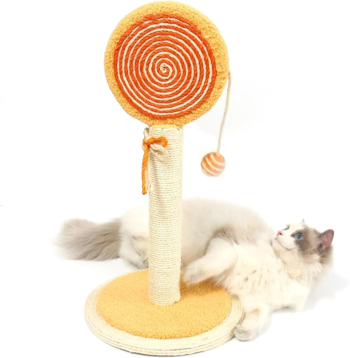 Blue cat scratching post with sisal rope and a hanging ball toy on a stable wooden base.