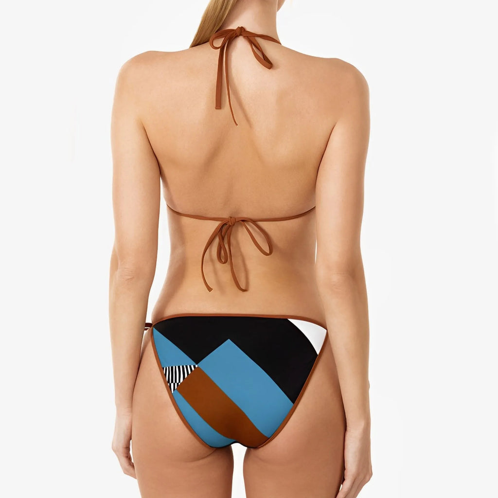 Women's skinny print split bikini set with backless top and matching pants in picture colour.