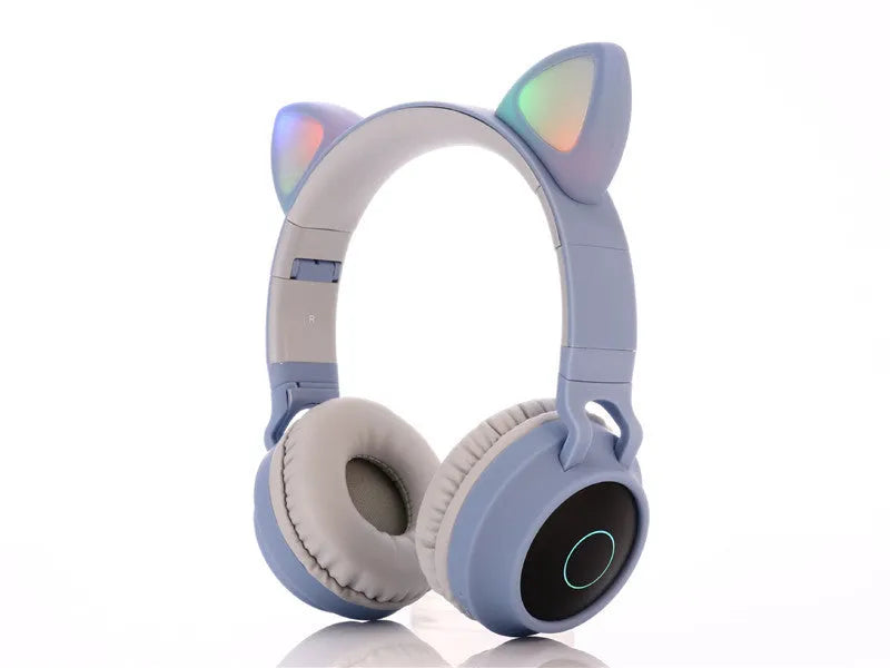 Cartoon cat ear wireless Bluetooth gaming headset in pink, light blue, purple, skin tone or green colours