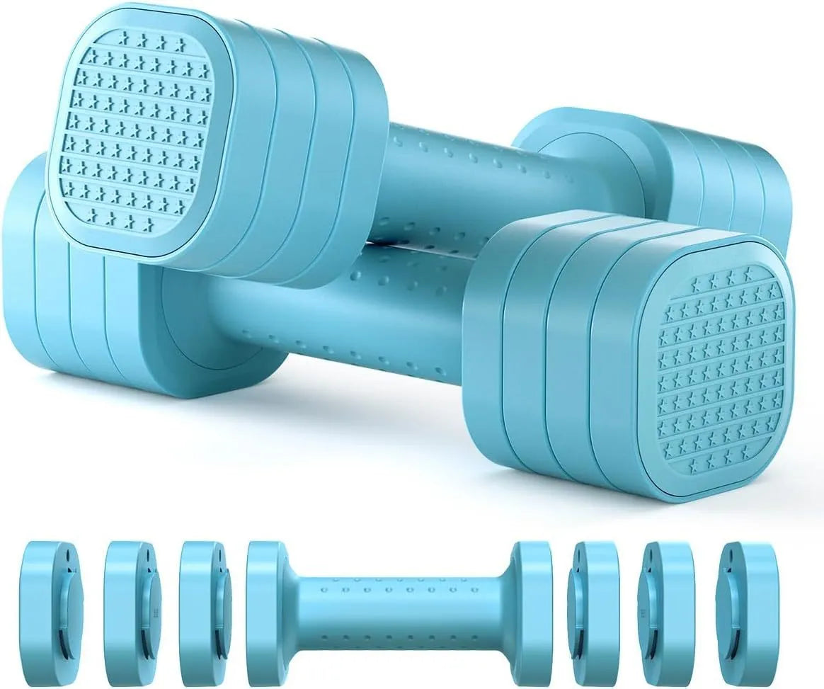 Women's detachable 5lb dumbbells in pink, blue, black, and purple colours for fitness training