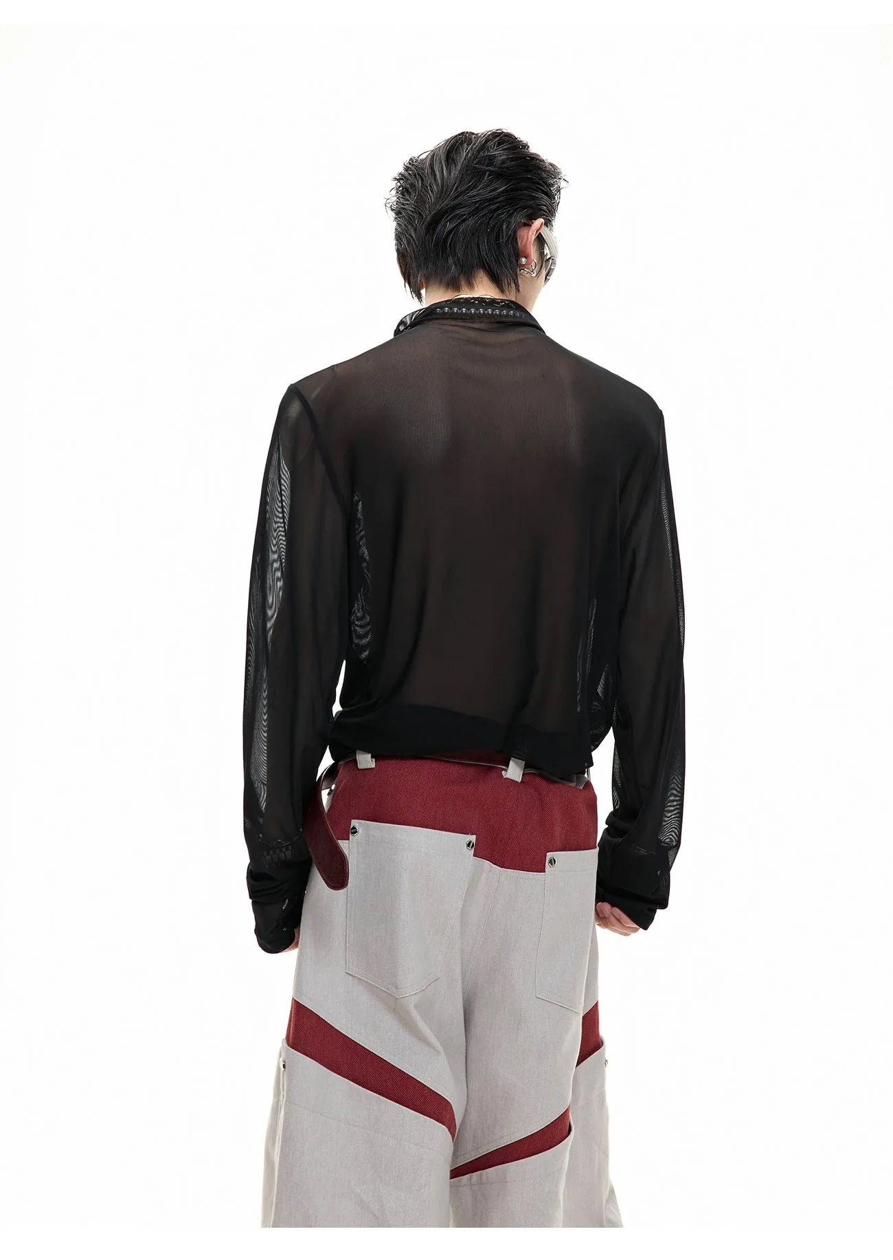 Black slim fit long sleeve niche mesh shirt for men on a white background