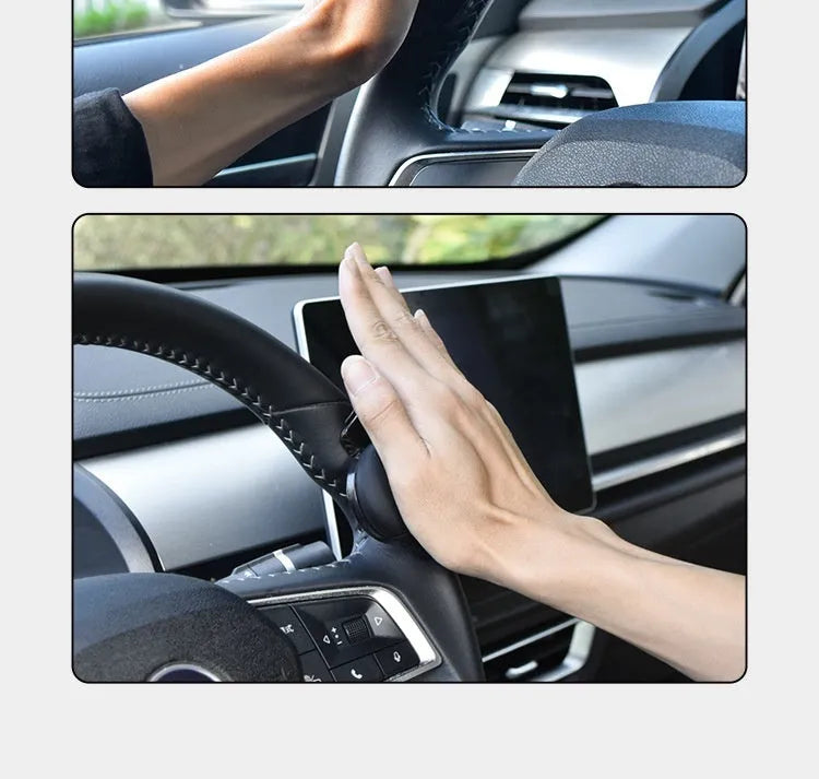 Black and blue silicone steering wheel assist balls showing size against a car steering wheel.