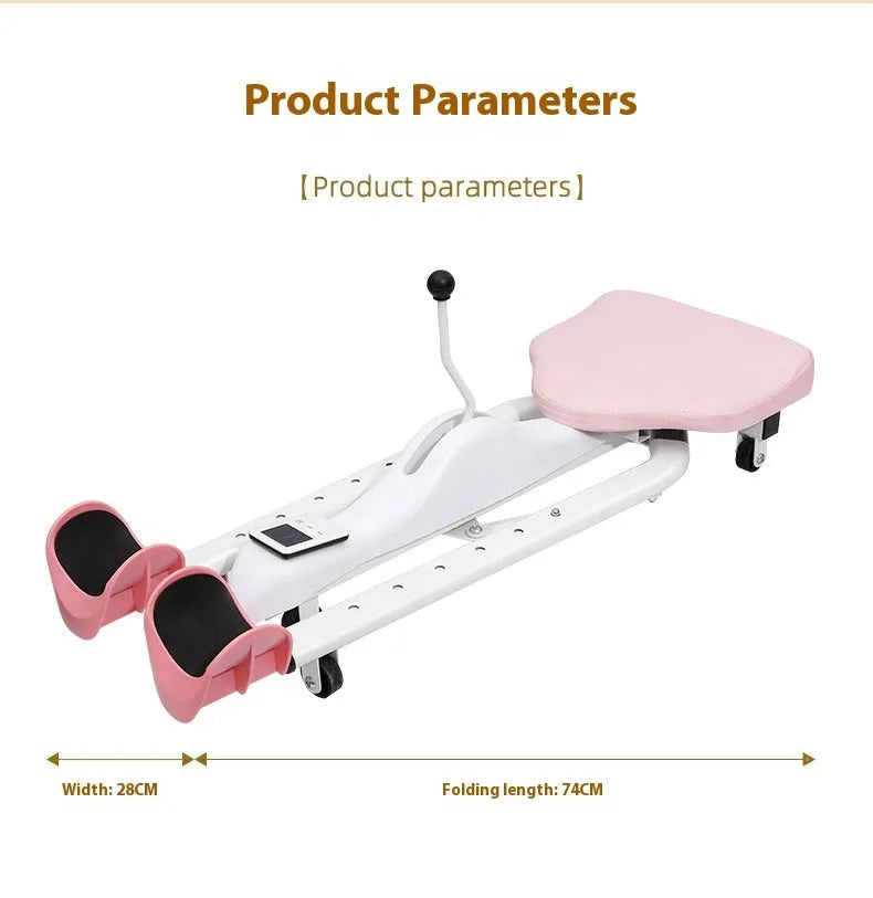 Leg opener stretching equipment with steel frame and foam padding in pink colour