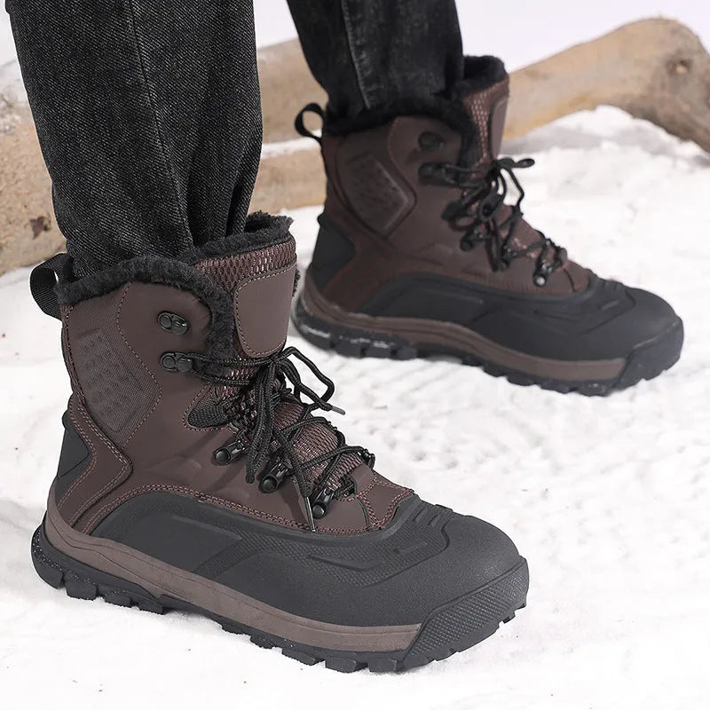Black plus size men's high-top boots with fleece lining, flat heel, and front lace-up design on a ribbed TPR sole.