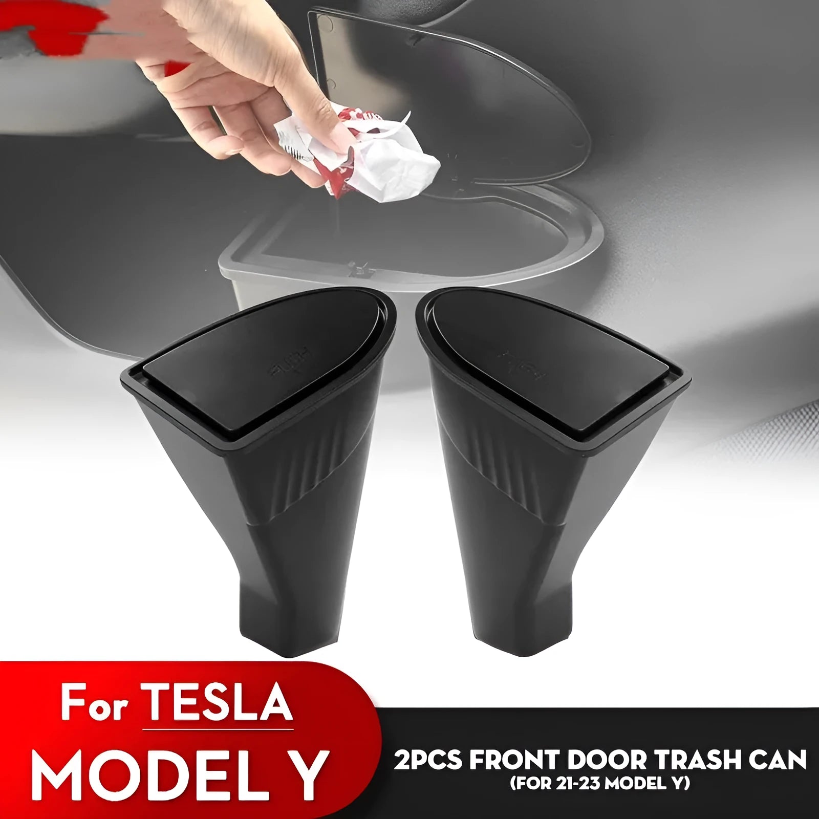 Two black plastic car door storage bins for Tesla Model Y front seat organisation.