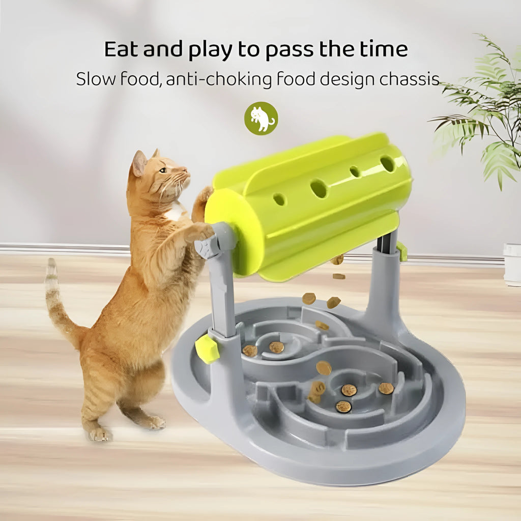 Interactive pet food puzzle slow feeder bowl in blue, green, or pink with adjustable height for dogs and cats