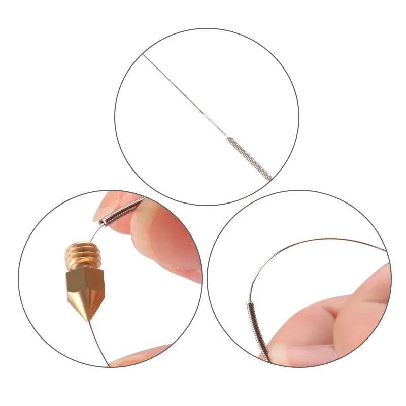 Ten steel cleaning needles for E3D Mk8 3D printer nozzles in labelled packaging