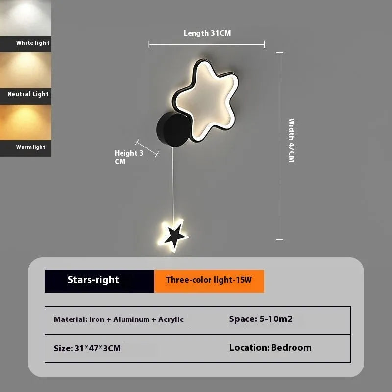 Cartoon cloud, moon and five-pointed star shaped bedside wall lamp for a children's bedroom in black or white.