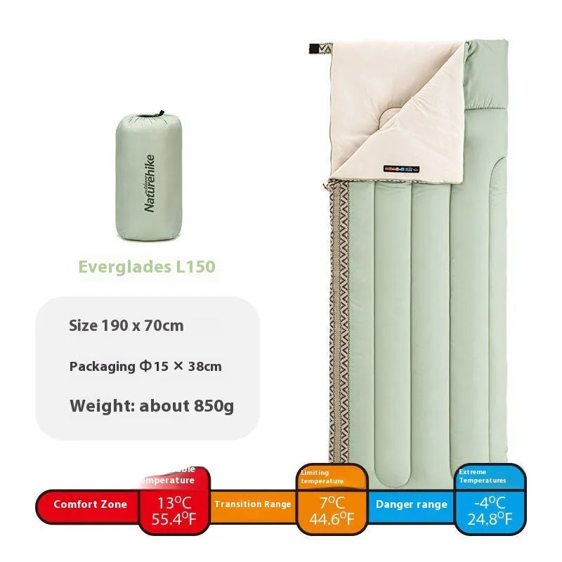 Four Seasons universal adult camping sleeping bag in swamp green colour with storage bag.