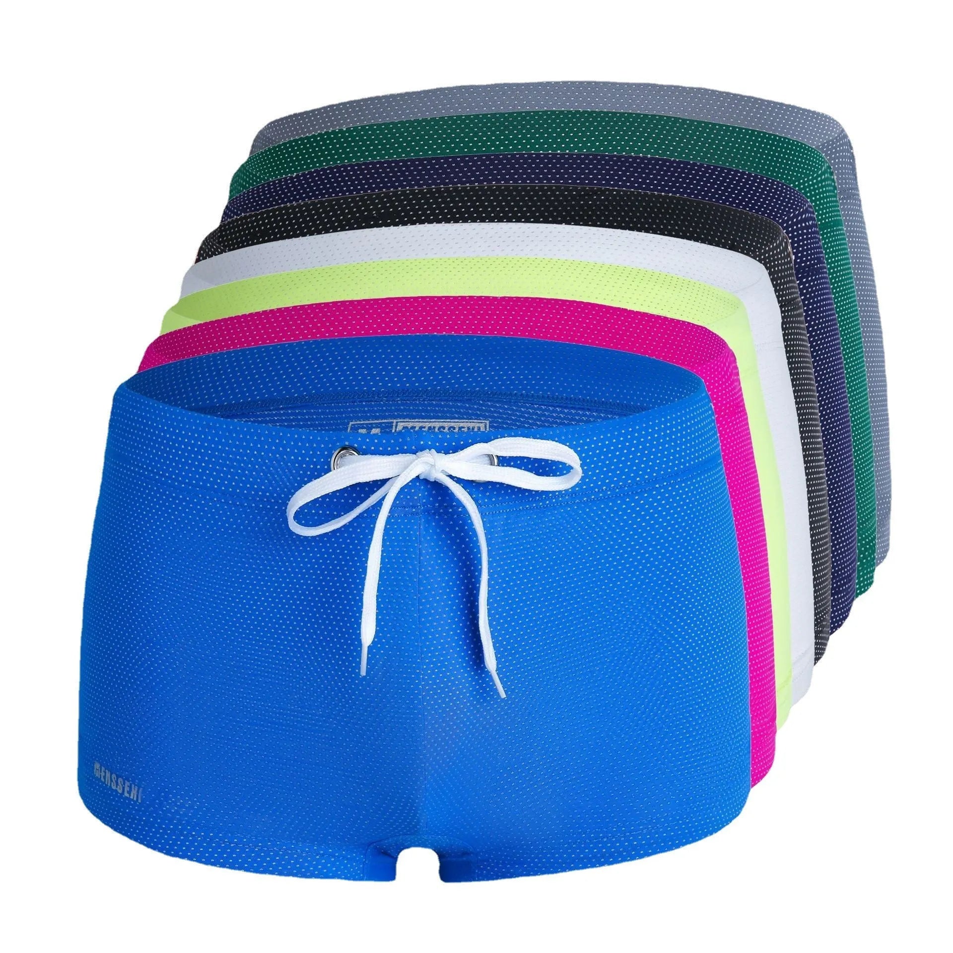 Men's low waist nylon lace swimming trunks in solid colour on white background