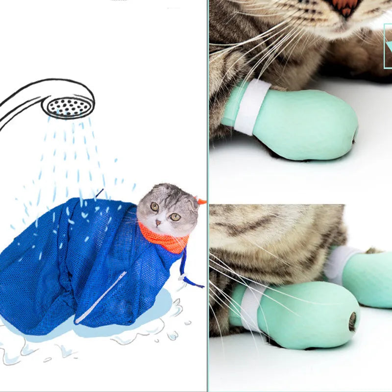 Set of four green silicone cat anti-scratch foot covers or gloves for pet handling.