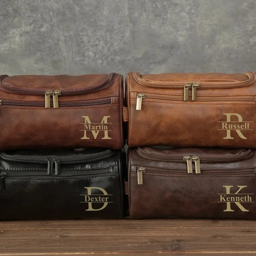 Men's black PU leather travel toiletry bag with 7 slots for grooming kit organisation