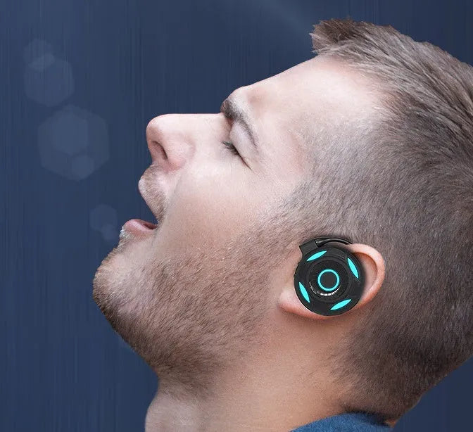 Black and white wireless hanging ear earphones with Bluetooth 5.0 and 10-metre range