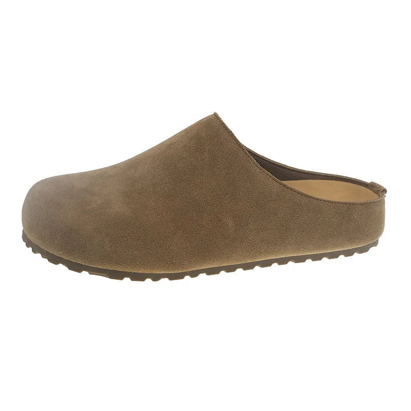 Korean style women's flat slip-on summer slippers in apricot colour with square toe and microfiber upper.