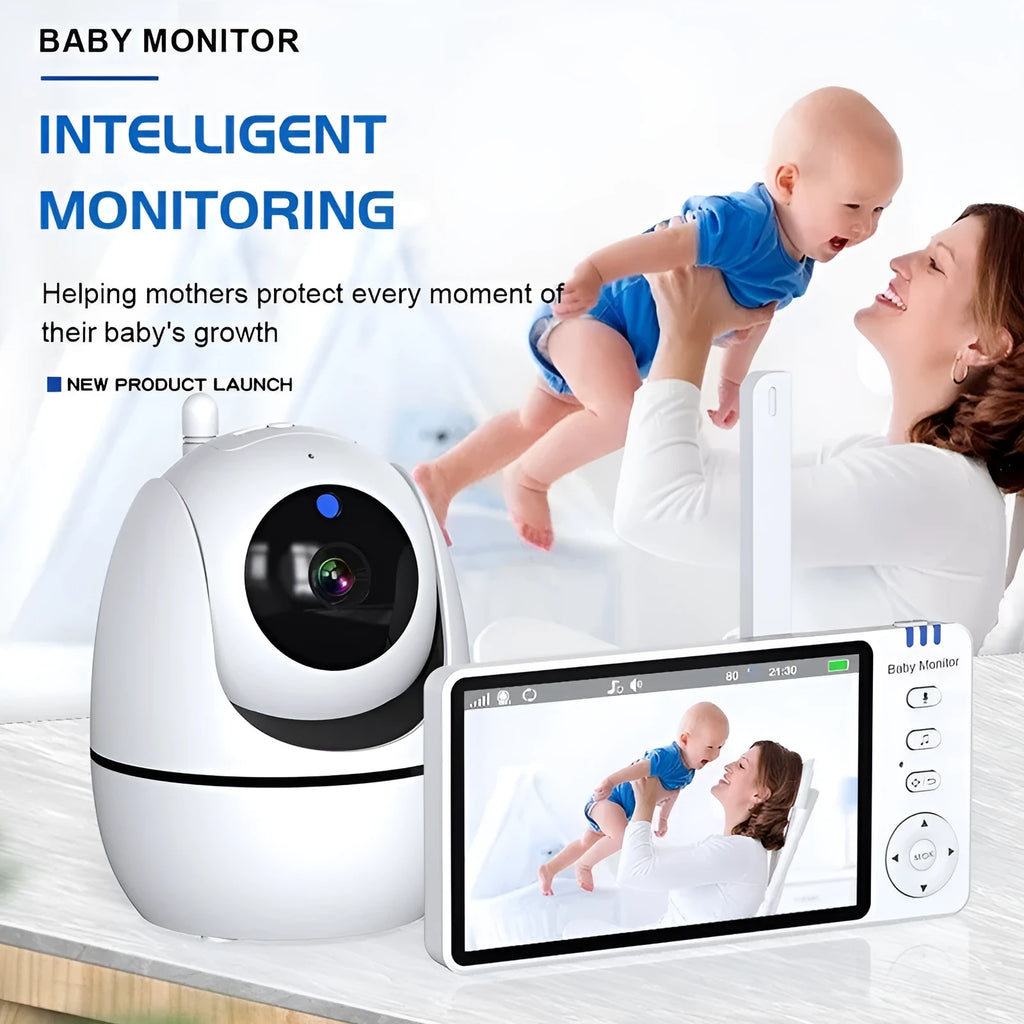 White HD wireless baby monitor with 5-inch screen showing baby nursery monitoring display
