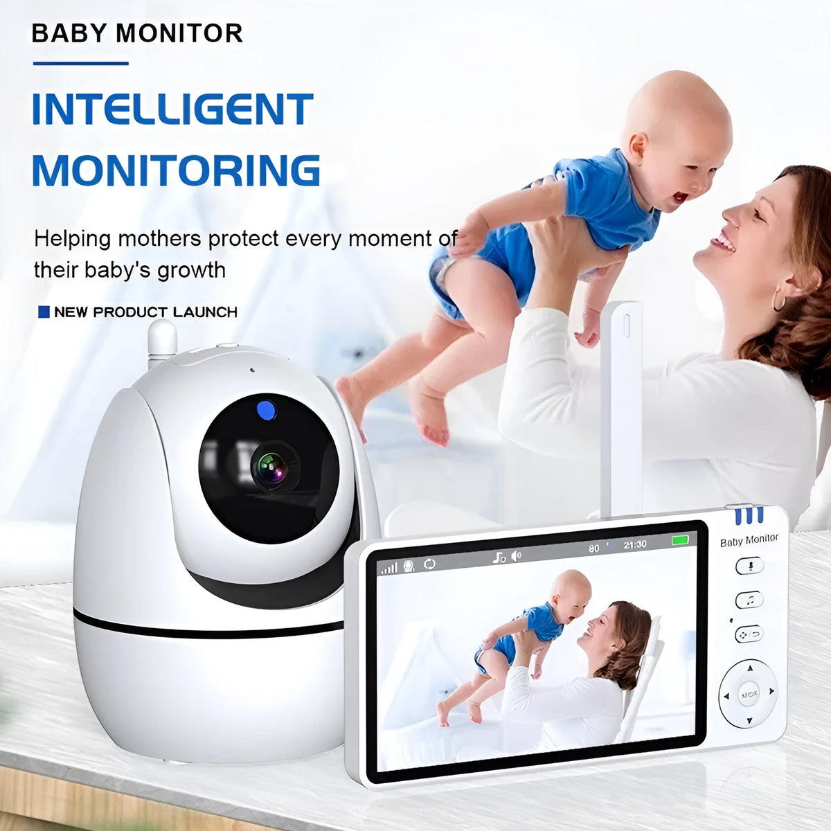 White HD wireless baby monitor with 5-inch screen showing baby nursery monitoring display