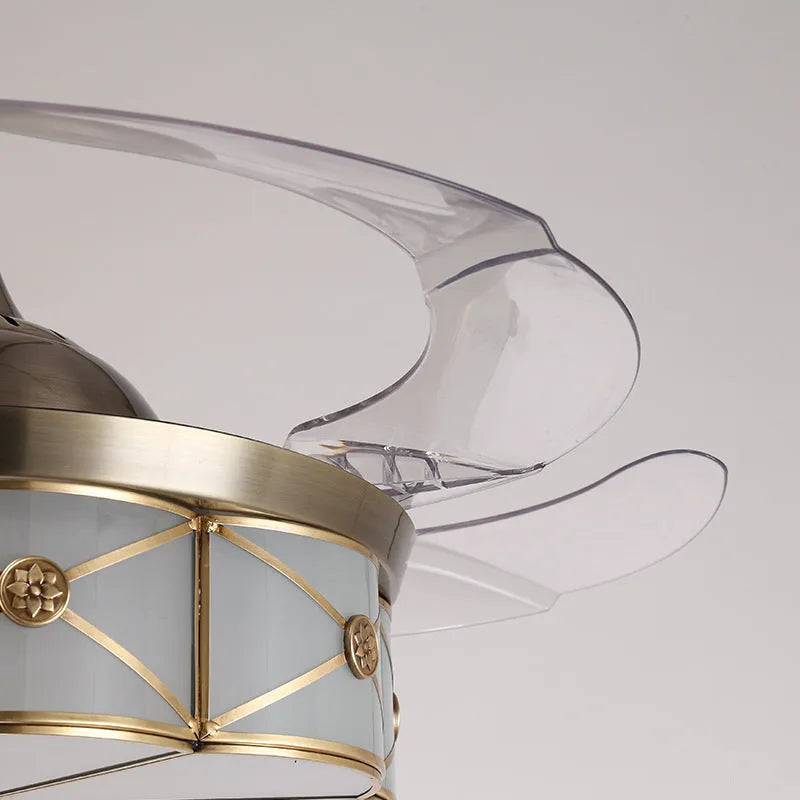Golden 42-inch ceiling fan light with invisible blades and remote control for living room or bedroom.